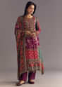 Purple Wine Floral Chinon Kurta Set With Gotta Lace Dupatta