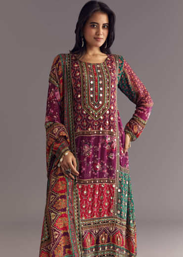 Purple Wine Floral Chinon Kurta Set With Gotta Lace Dupatta