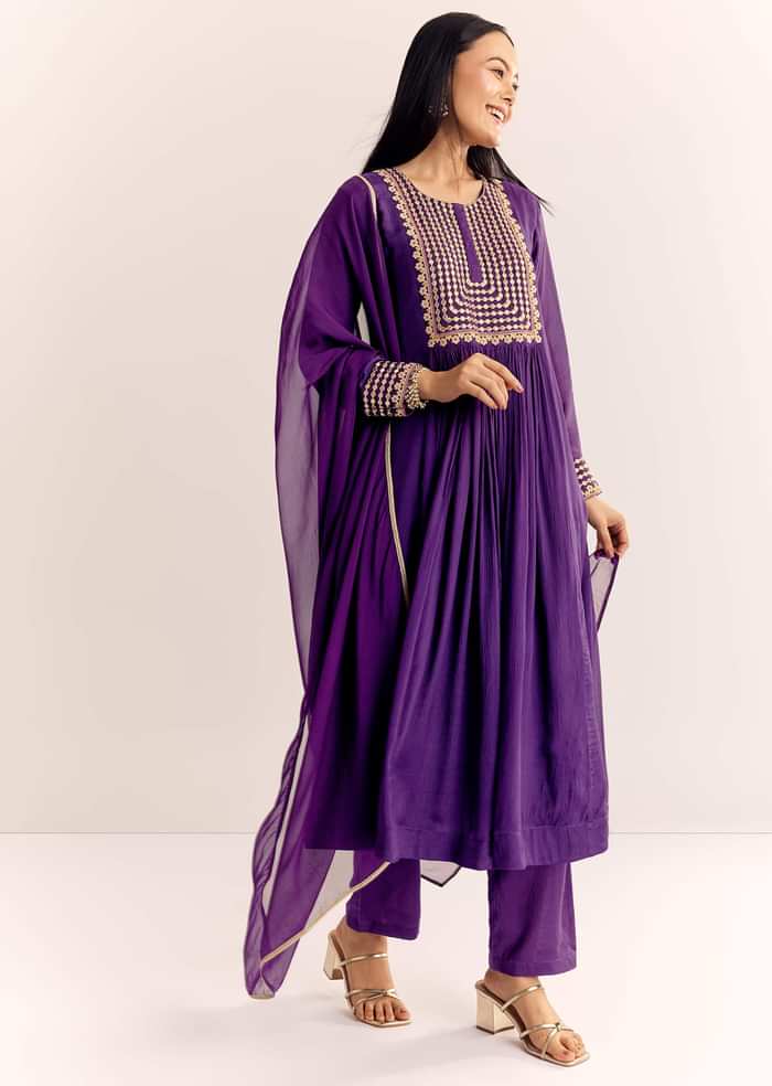 Purple Zari Neckline Chinon Anarkali Suit With Organza Dupatta