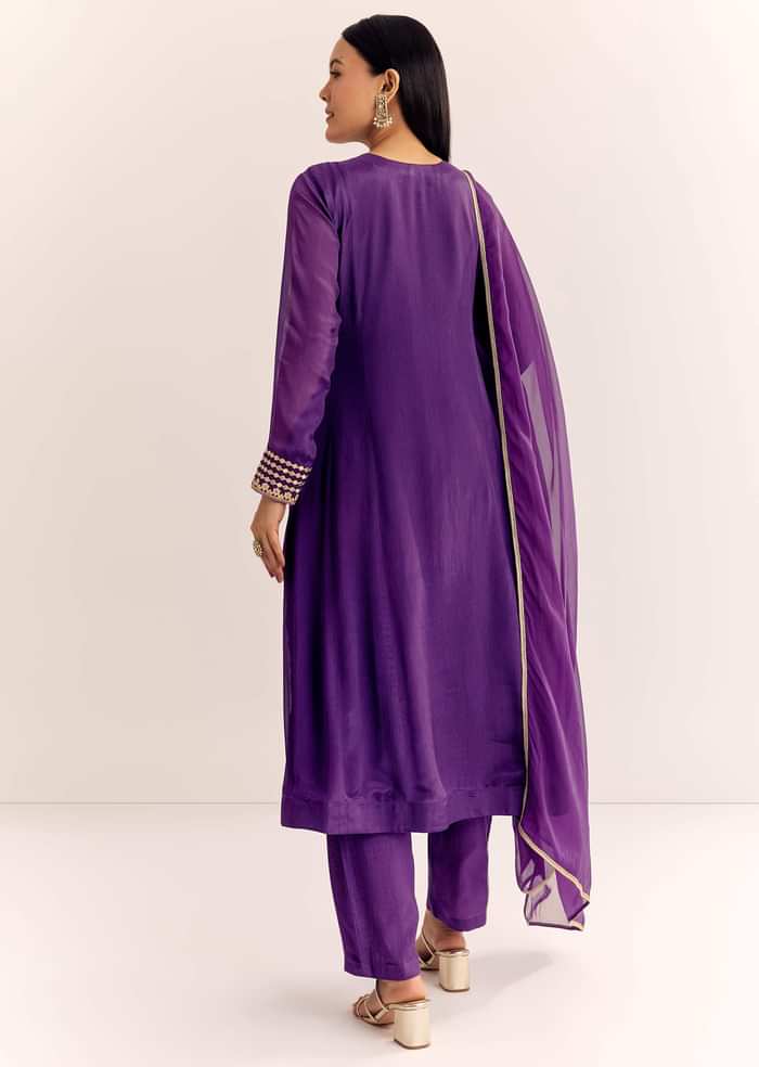 Purple Zari Neckline Chinon Anarkali Suit With Organza Dupatta