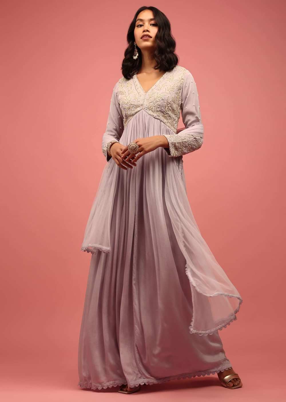 Lilac Purple Embroidered Anarkali Suit In Chiffon