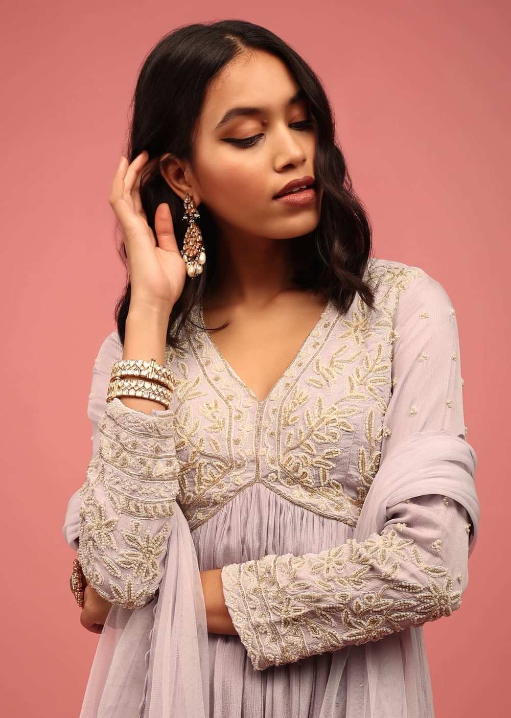 Lilac Purple Embroidered Anarkali Suit In Chiffon