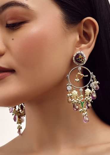 Purple And Gold Danglers With Kundan Work In Mix Metal