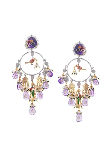 Purple And Gold Danglers With Kundan Work In Mix Metal