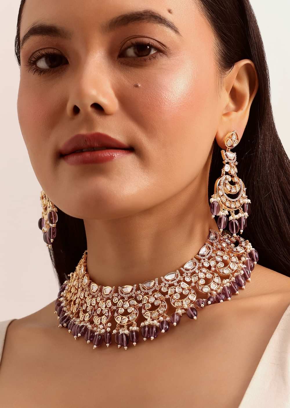 Purple And Gold Mix Metal Kundan Choker Set