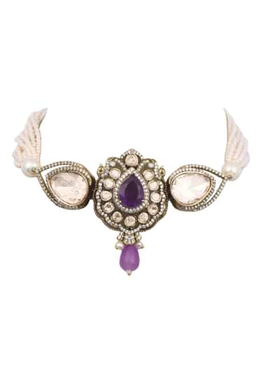 Purple And Gold Mix Metal Uncut Polki Choker Necklace Set