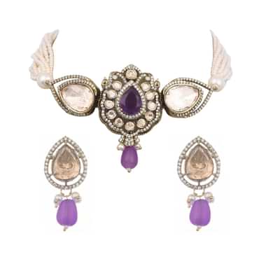 Purple And Gold Mix Metal Uncut Polki Choker Necklace Set