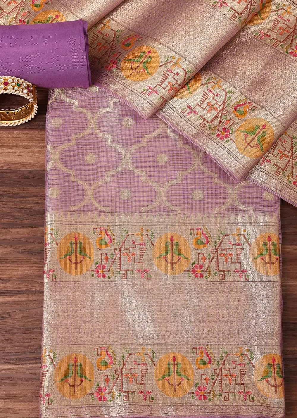 Purple And Gold Paithani Woven Silk Dress Material