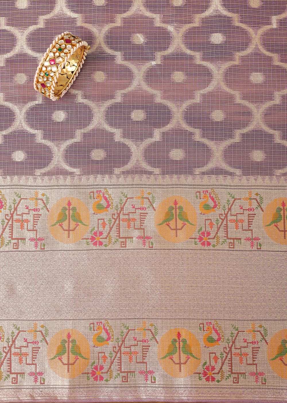 Purple And Gold Paithani Woven Silk Dress Material