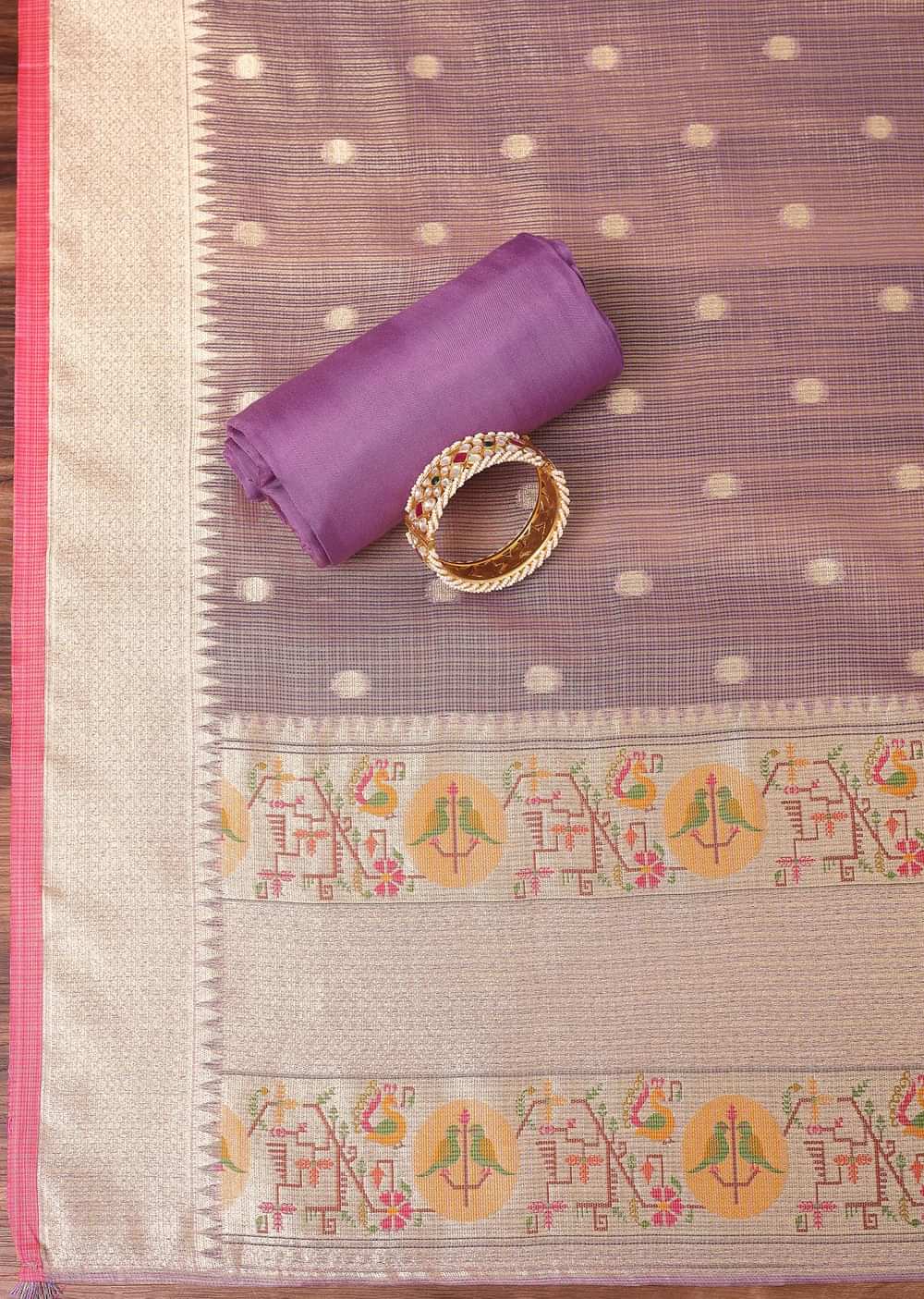 Purple And Gold Paithani Woven Silk Dress Material