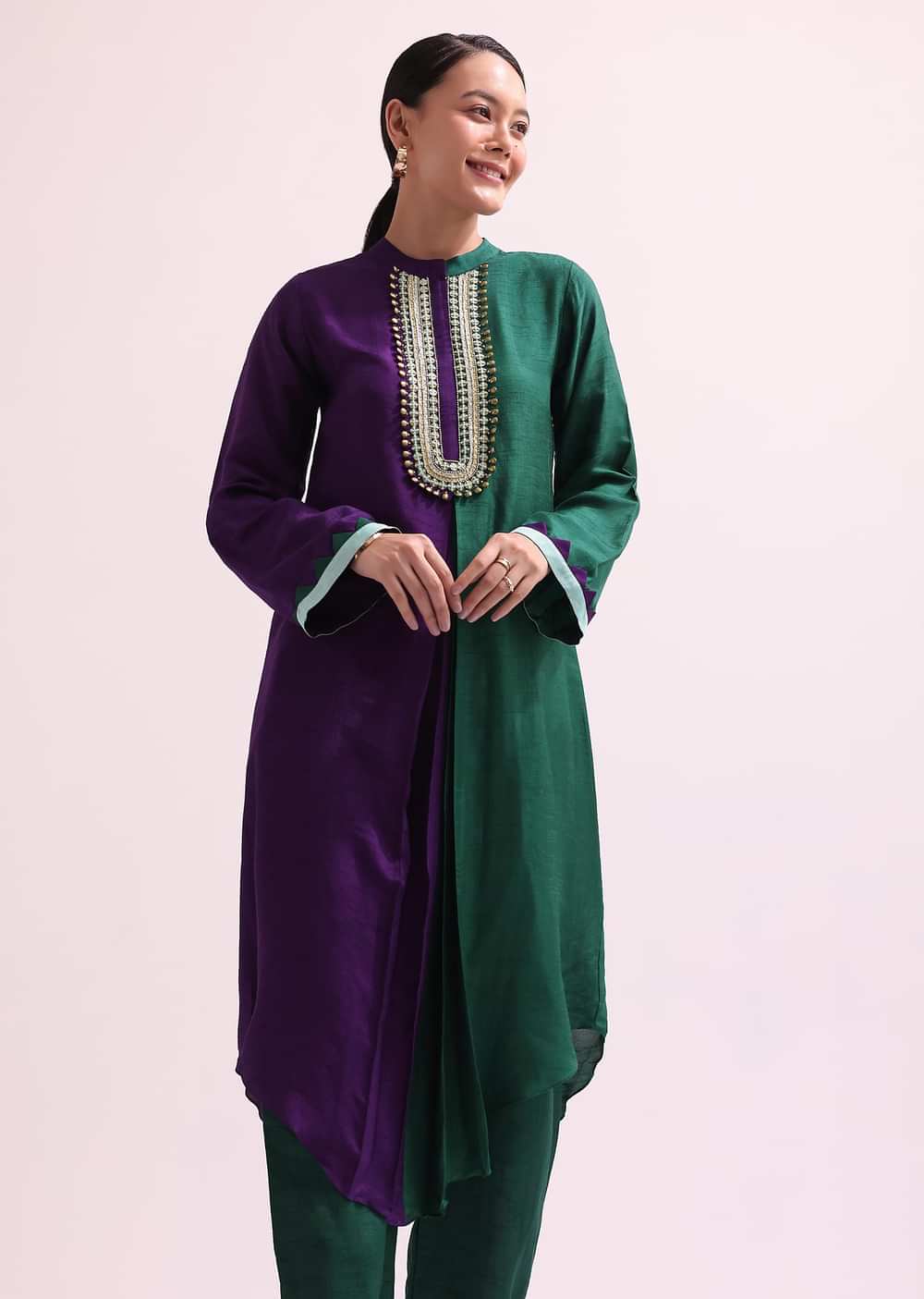 Purple And Green Embroidered Kurta And Pant