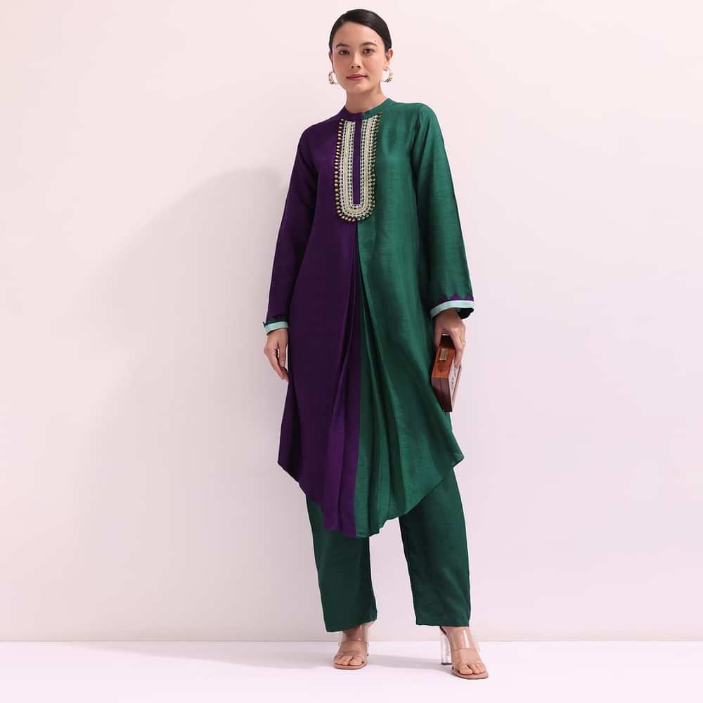 Purple And Green Embroidered Kurta And Pant