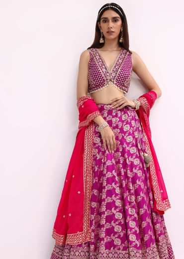 Purple And Pink Embroidered Silk Lehenga Choli Set