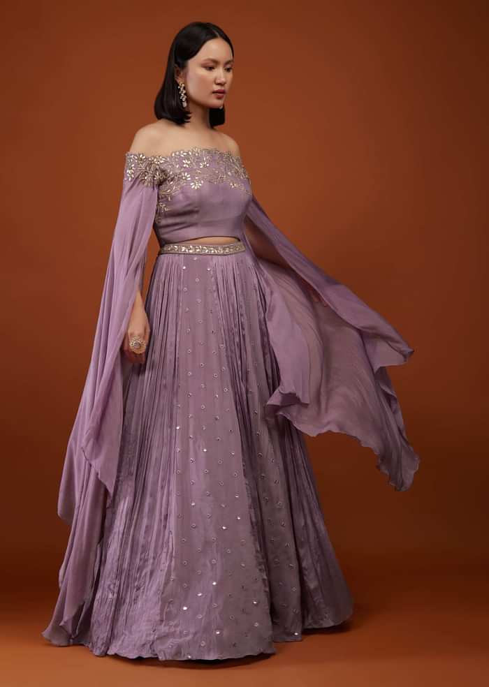 Lilac Purple Ash Skirt And Crop-Top In Chinon With Embroidery