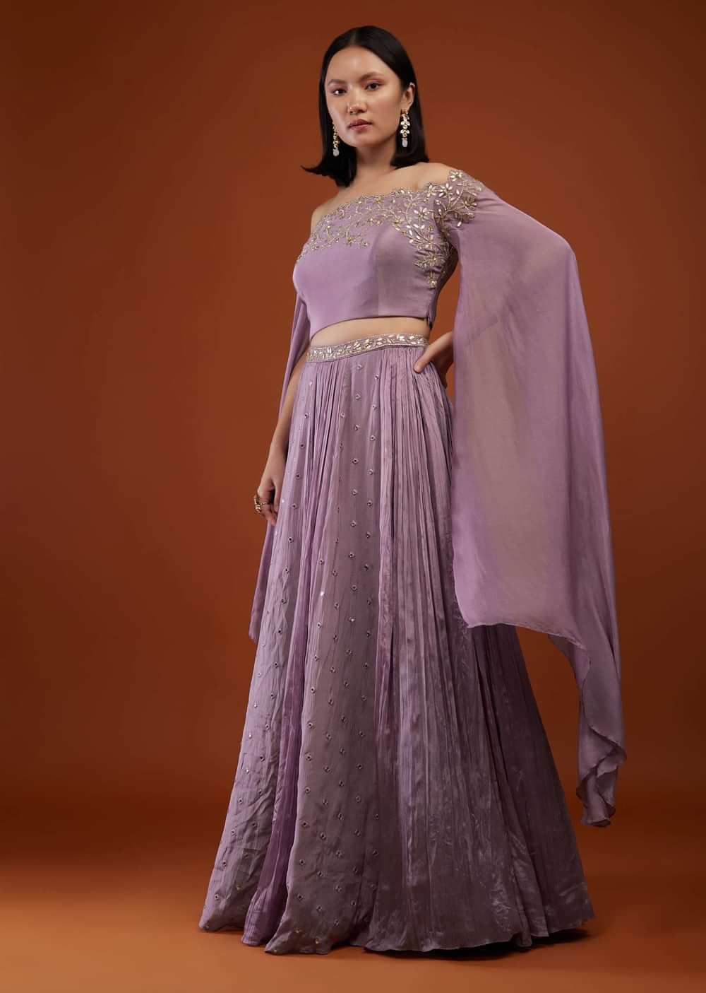 Lilac Purple Ash Skirt And Crop-Top In Chinon With Embroidery