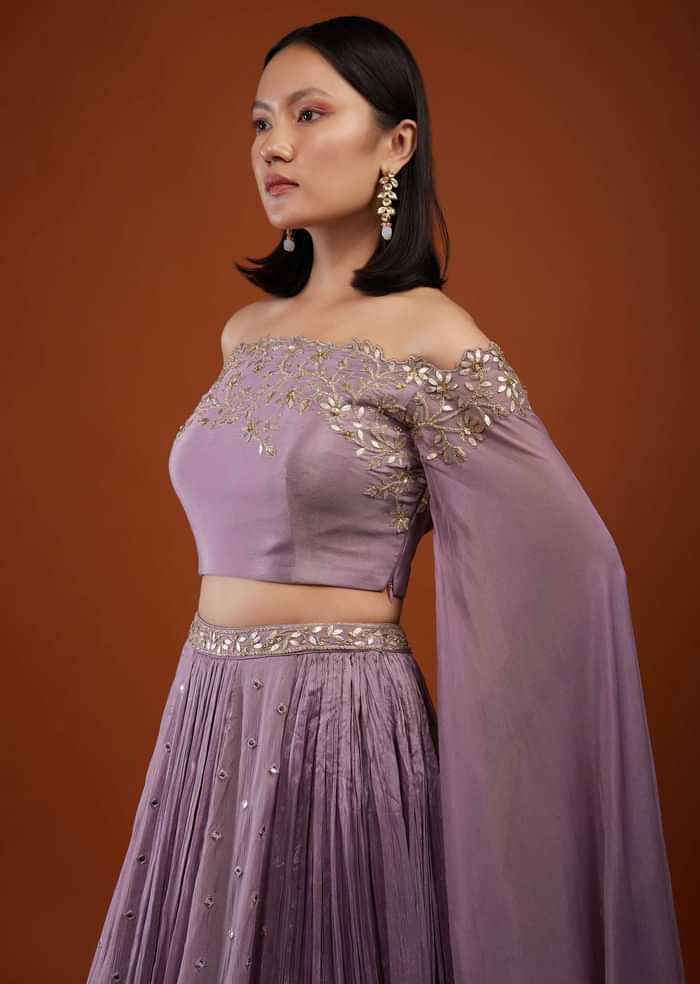 Lilac Purple Ash Skirt And Crop-Top In Chinon With Embroidery