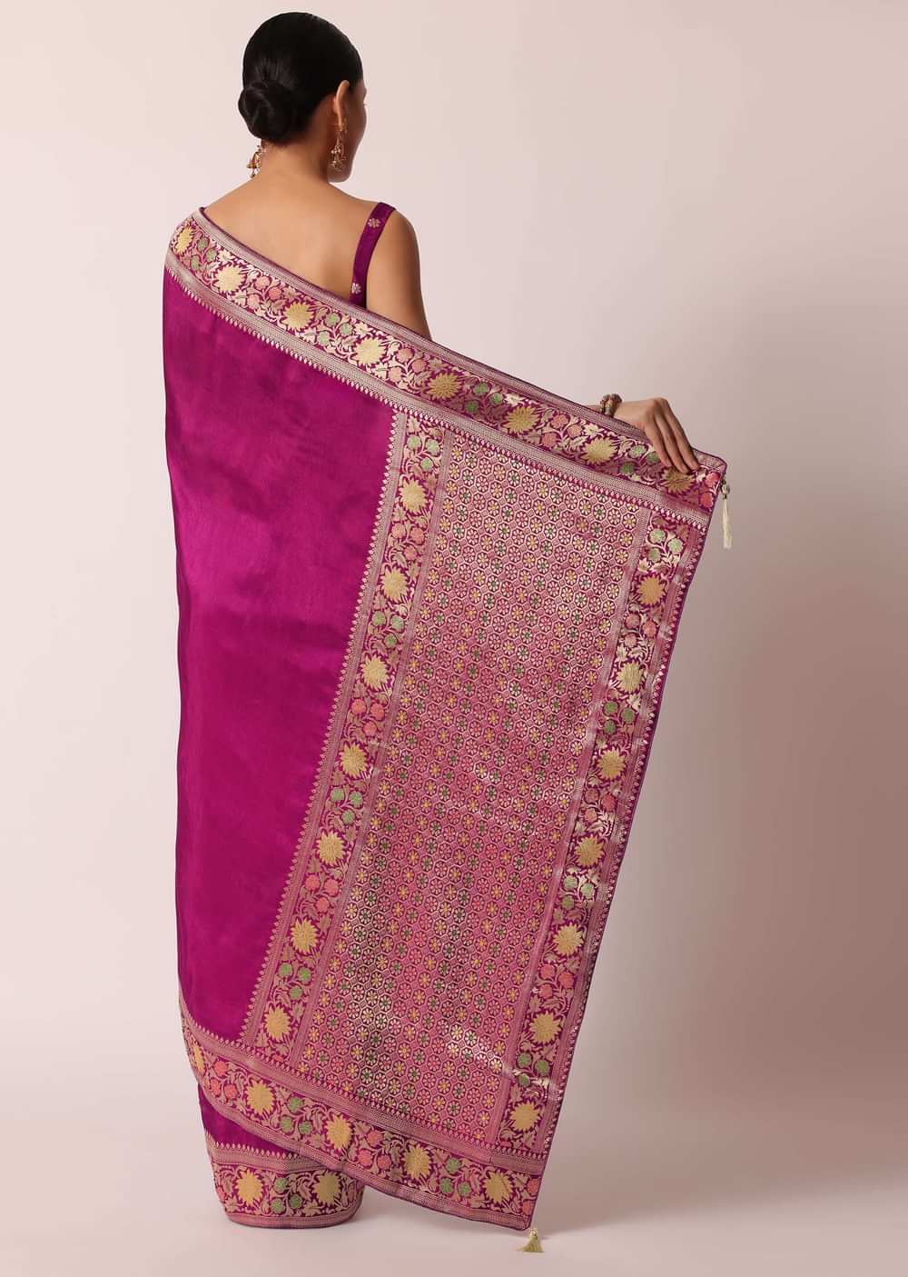 Purple Banarasi Saree With Woven Floral Pallu And Unstitched Blouse Piece