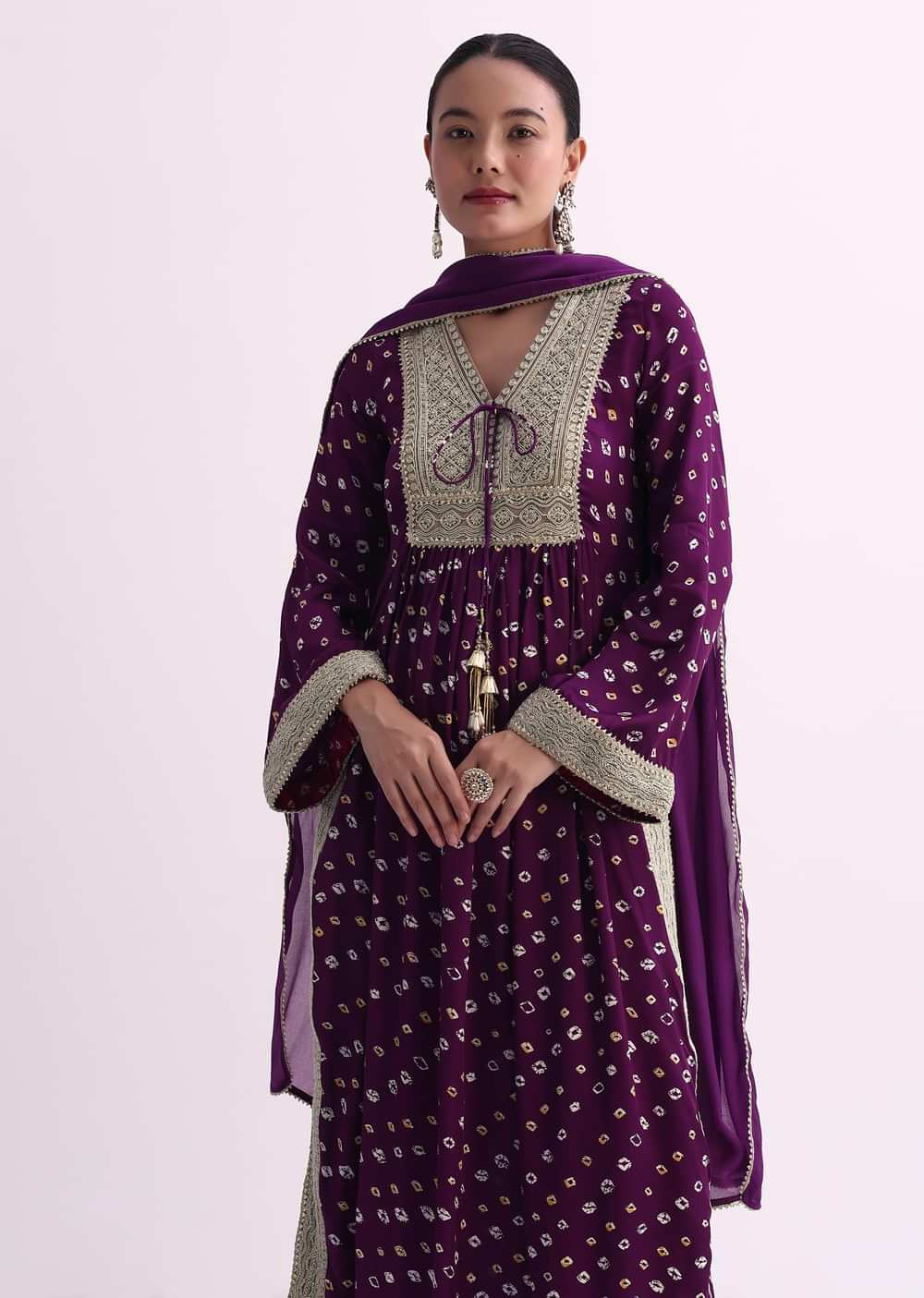 Purple Bandhani Print Kurti Pant Set With Dupatta