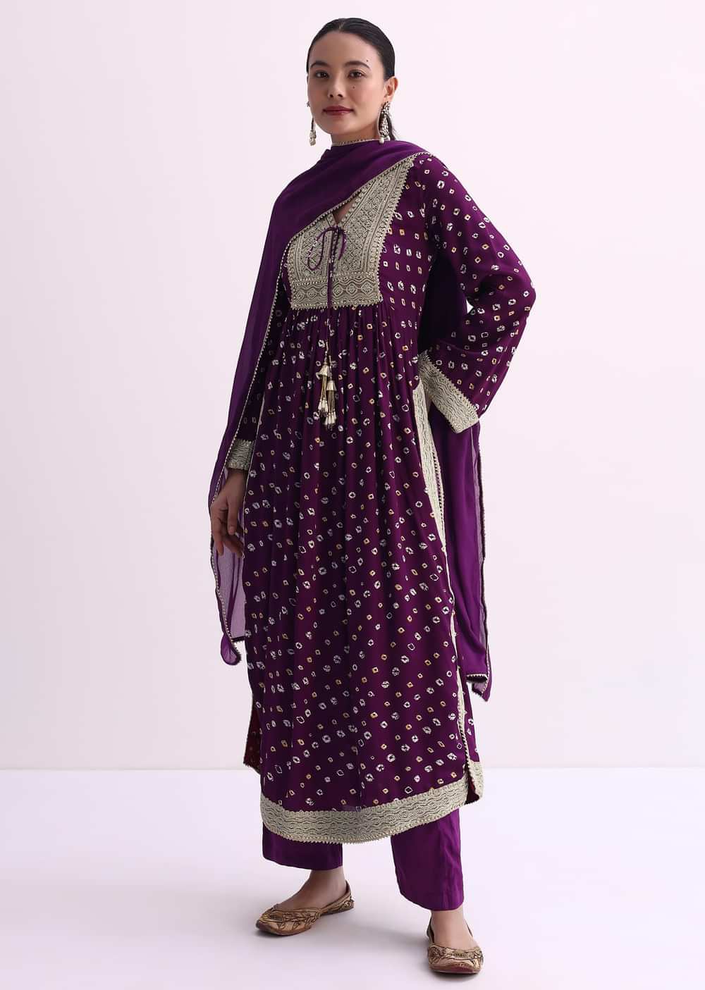 Purple Bandhani Print Kurti Pant Set With Dupatta