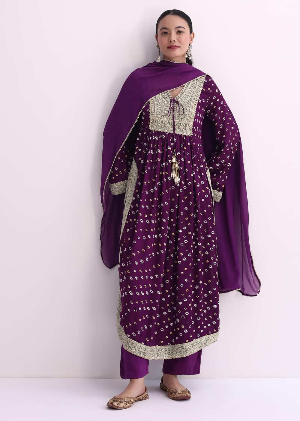 Purple Bandhani Print Kurti Pant Set With Dupatta