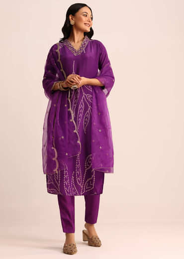 Purple Bandhani Printed Satin Kurta Set With Dupatta