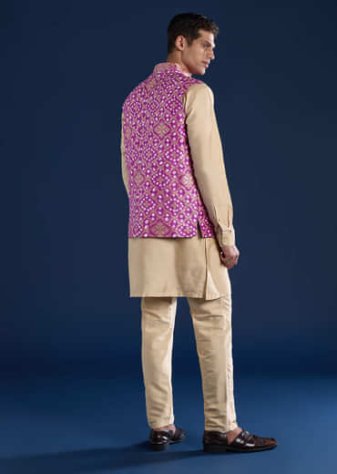 Purple Bandhani Silk Mens Jacket Kurta Set