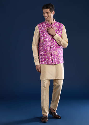 Purple Bandhani Silk Mens Jacket Kurta Set