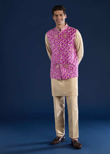 Purple Bandhani Silk Mens Jacket Kurta Set