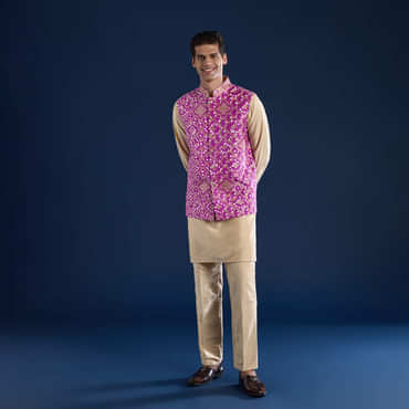 Purple Bandhani Silk Mens Jacket Kurta Set