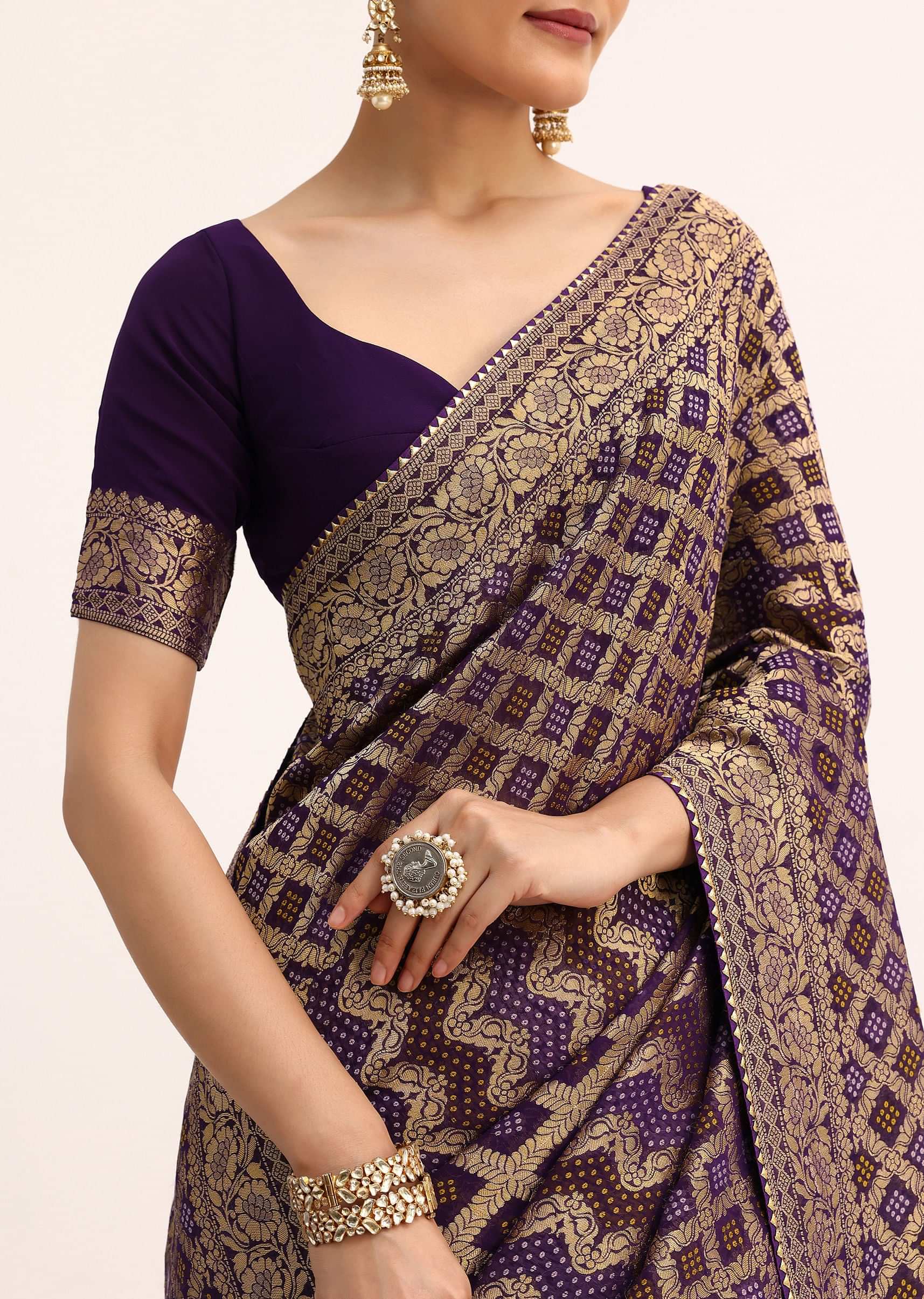 sari Purple Bandhani Tie Dye Saree With Zari Jaal And Unstitched