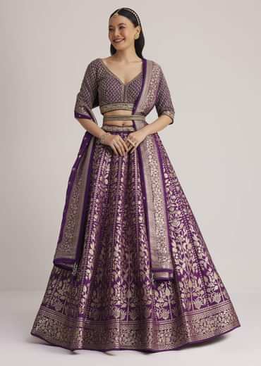 Purple Brocade Embroidered Lehenga Set