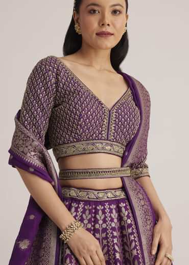 Purple Brocade Embroidered Lehenga Set
