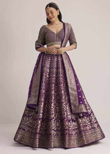 Purple Brocade Embroidered Lehenga Set
