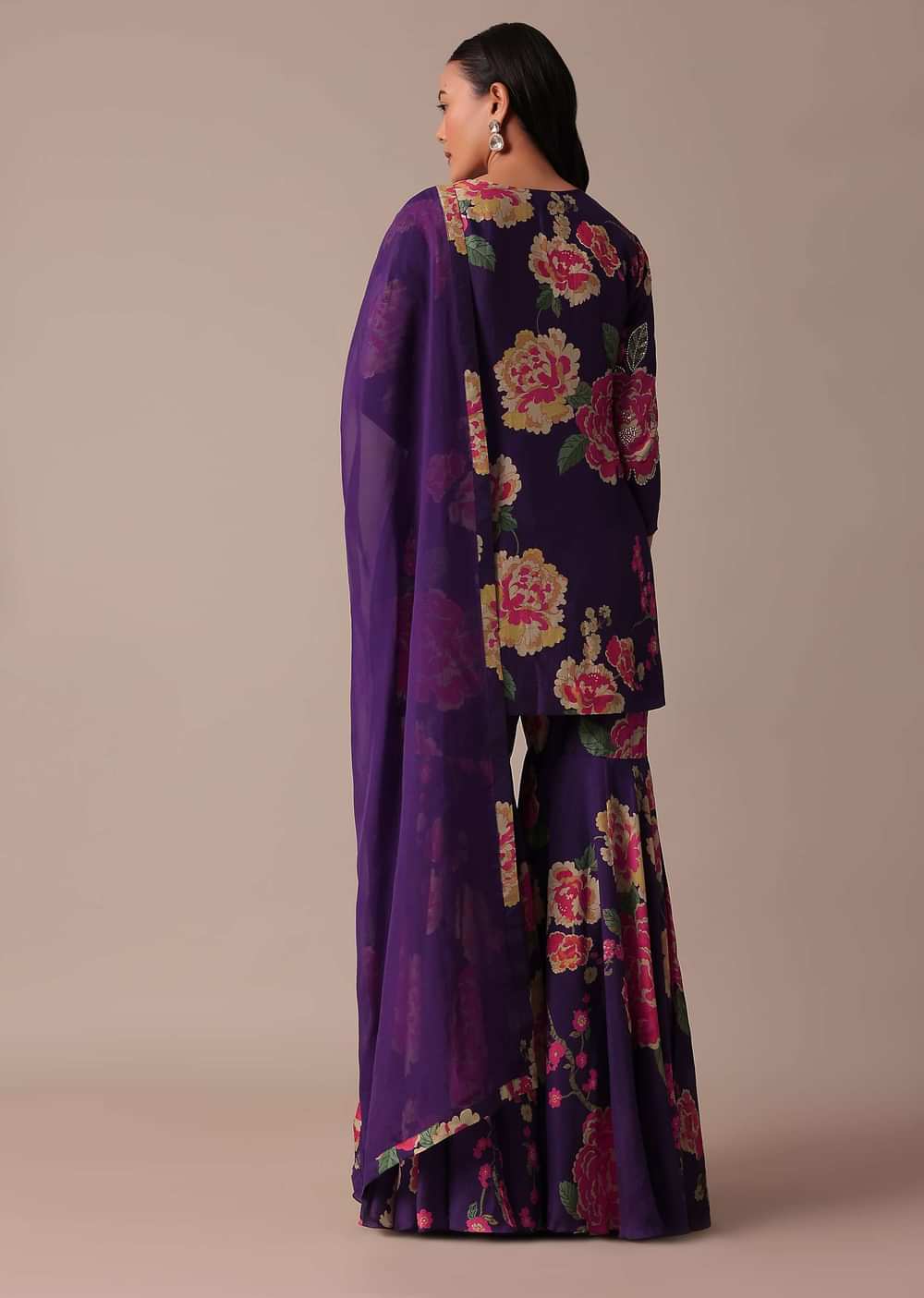 Purple Chiffon Sharara Set With Sequin Embellishments