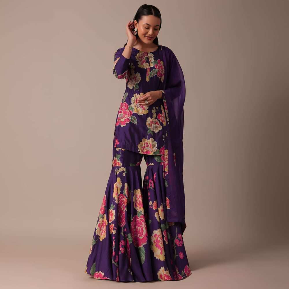 Purple Chiffon Sharara Set With Sequin Embellishments