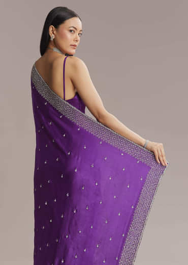 Purple Chinon Saree With Stone And Sequin Embroidery