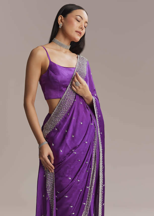 Purple Chinon Saree With Stone And Sequin Embroidery Purple Chinon Saree With Stone And Sequin Embroidery