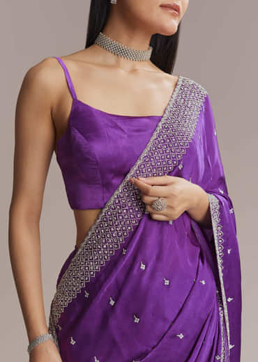Purple Chinon Saree With Stone And Sequin Embroidery