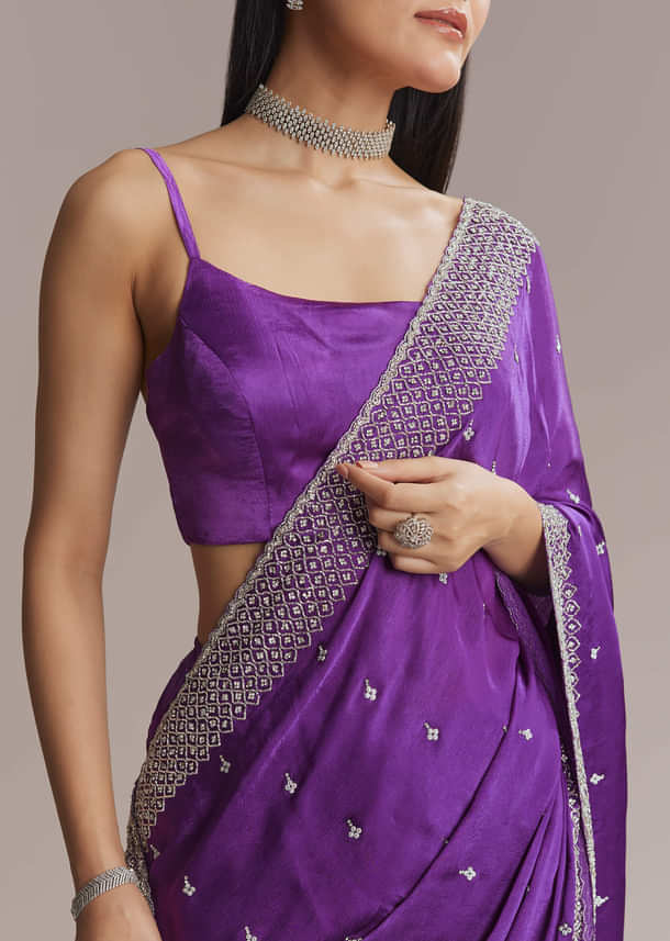 Purple Chinon Saree With Stone And Sequin Embroidery Purple Chinon Saree With Stone And Sequin Embroidery