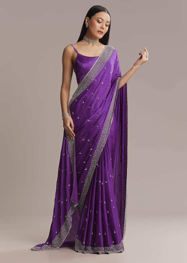Purple Chinon Saree With Stone And Sequin Embroidery Purple Chinon Saree With Stone And Sequin Embroidery