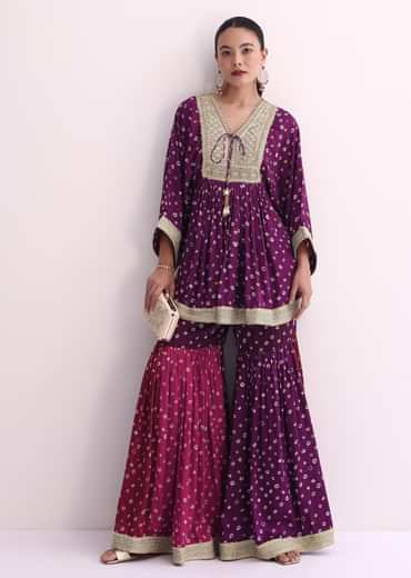 Purple Crepe Bandhani Print Sharara Set