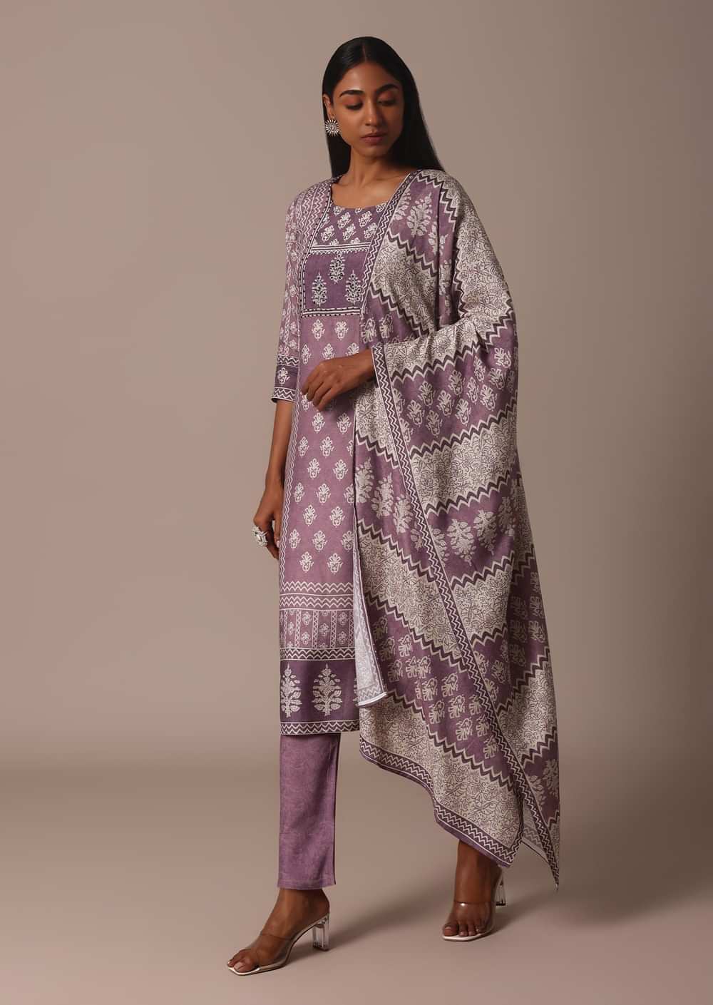 Purple Crepe Printed Kurti Pant Set With Cutdana Detail