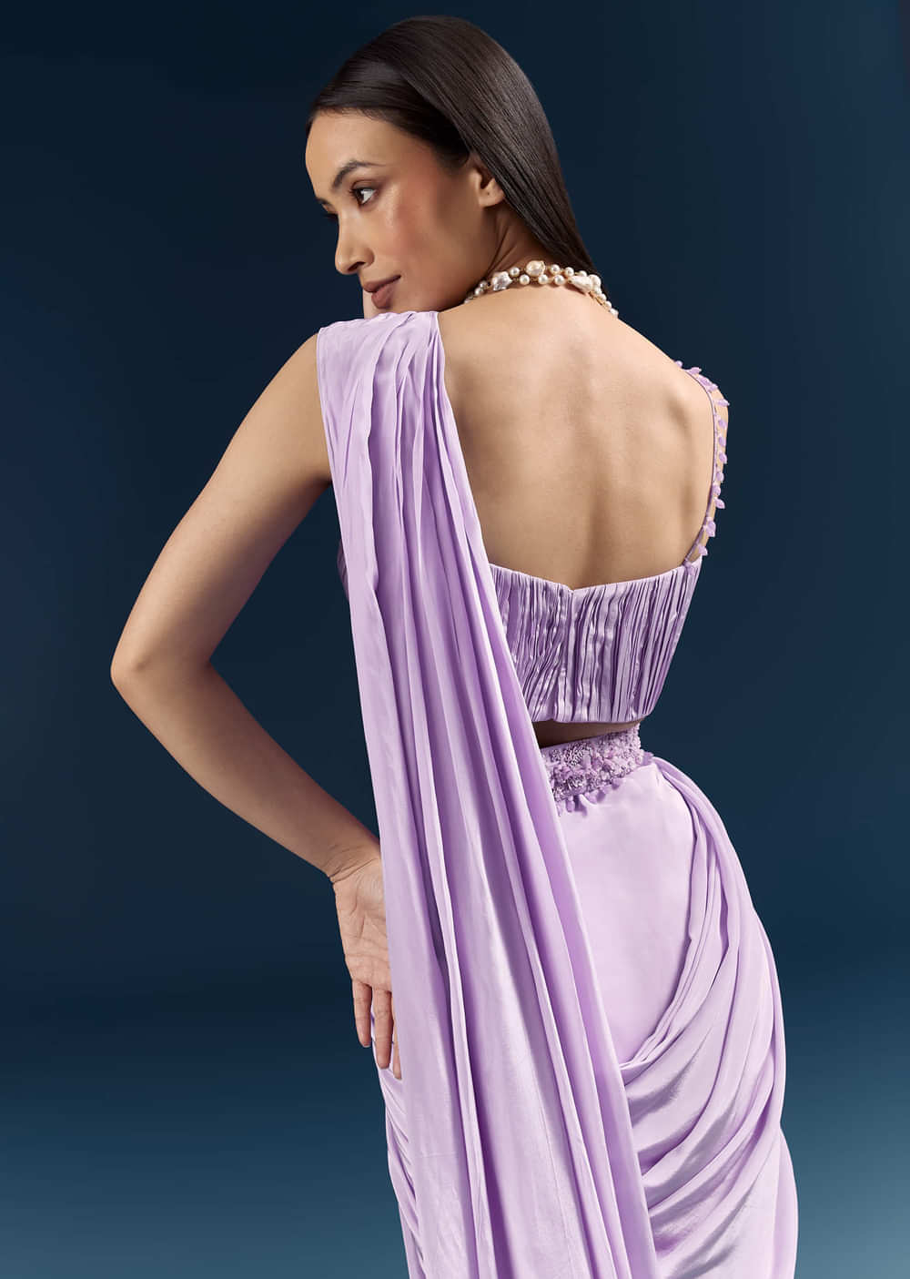 Purple Crepe Ready Pleated Saree With Heavy Embroidery