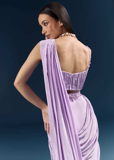 Purple Crepe Ready Pleated Saree With Heavy Embroidery
