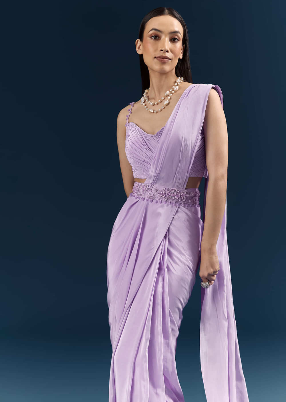 Purple Crepe Ready Pleated Saree With Heavy Embroidery