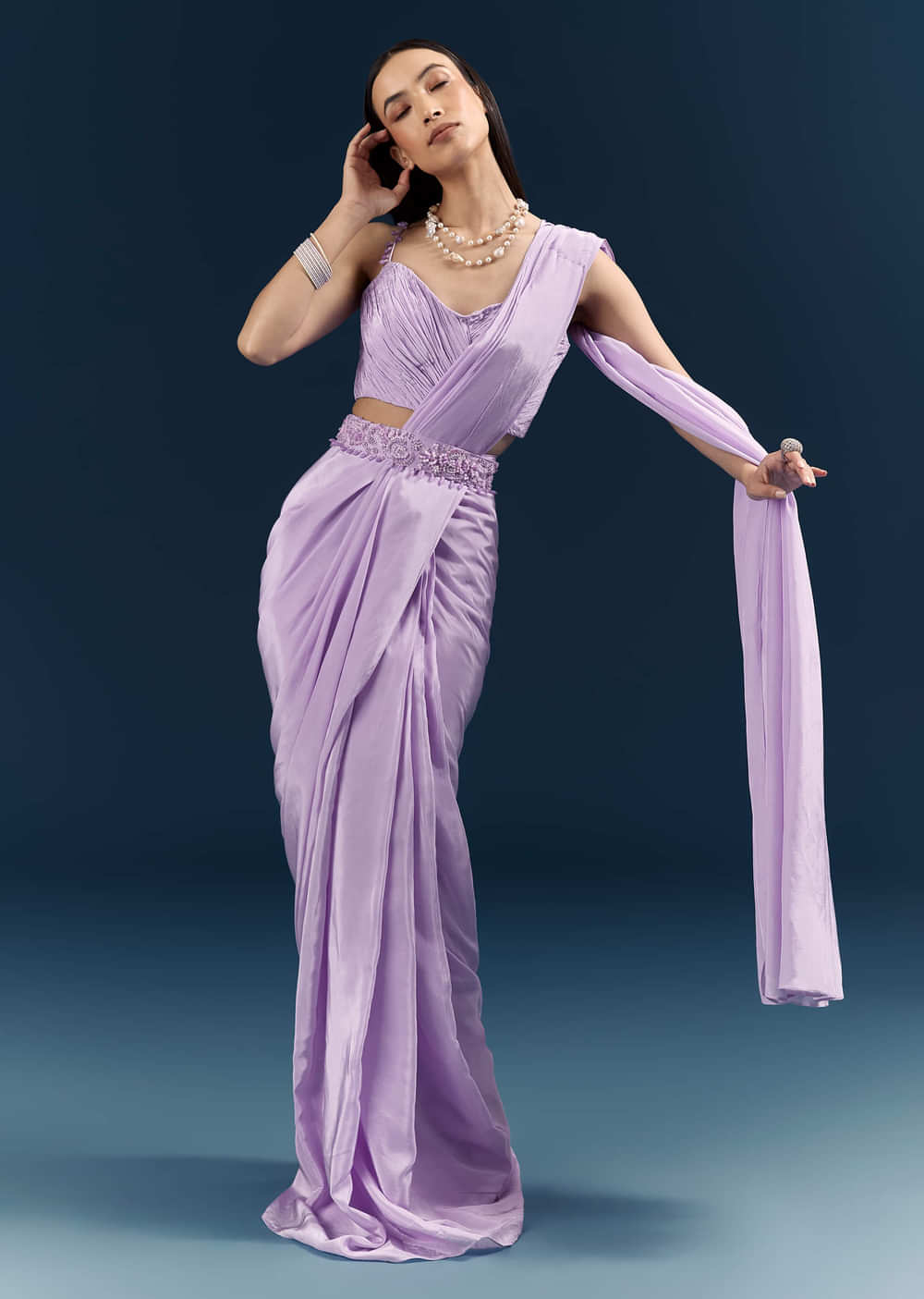 Purple Crepe Ready Pleated Saree With Heavy Embroidery