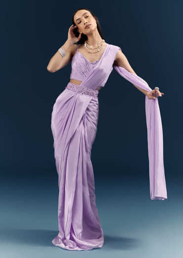 Purple Crepe Ready Pleated Saree With Heavy Embroidery