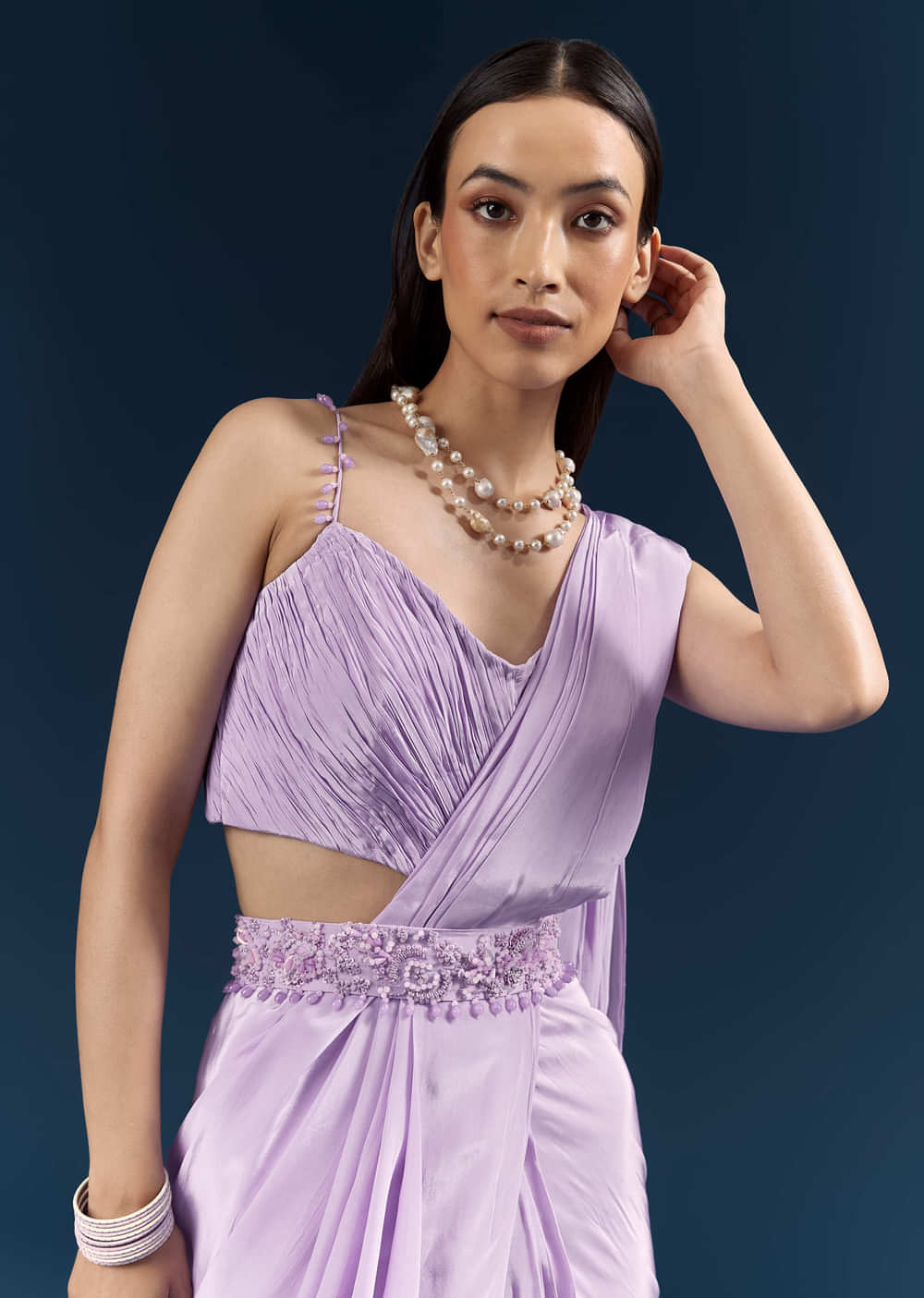 Purple Crepe Ready Pleated Saree With Heavy Embroidery