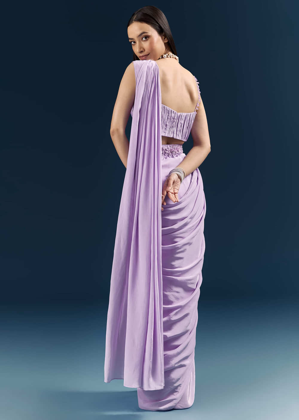 Purple Crepe Ready Pleated Saree With Heavy Embroidery