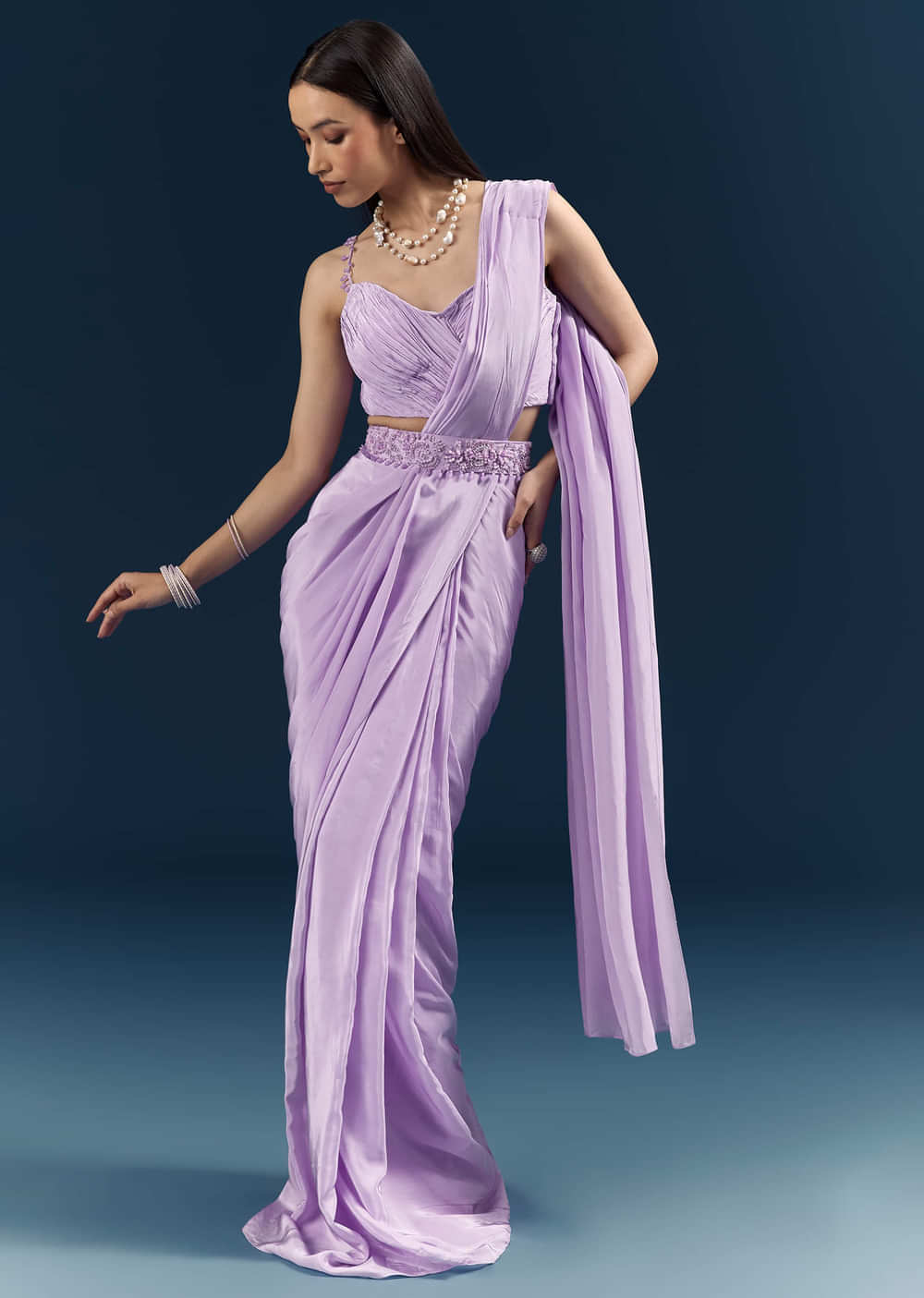 Purple Crepe Ready Pleated Saree With Heavy Embroidery